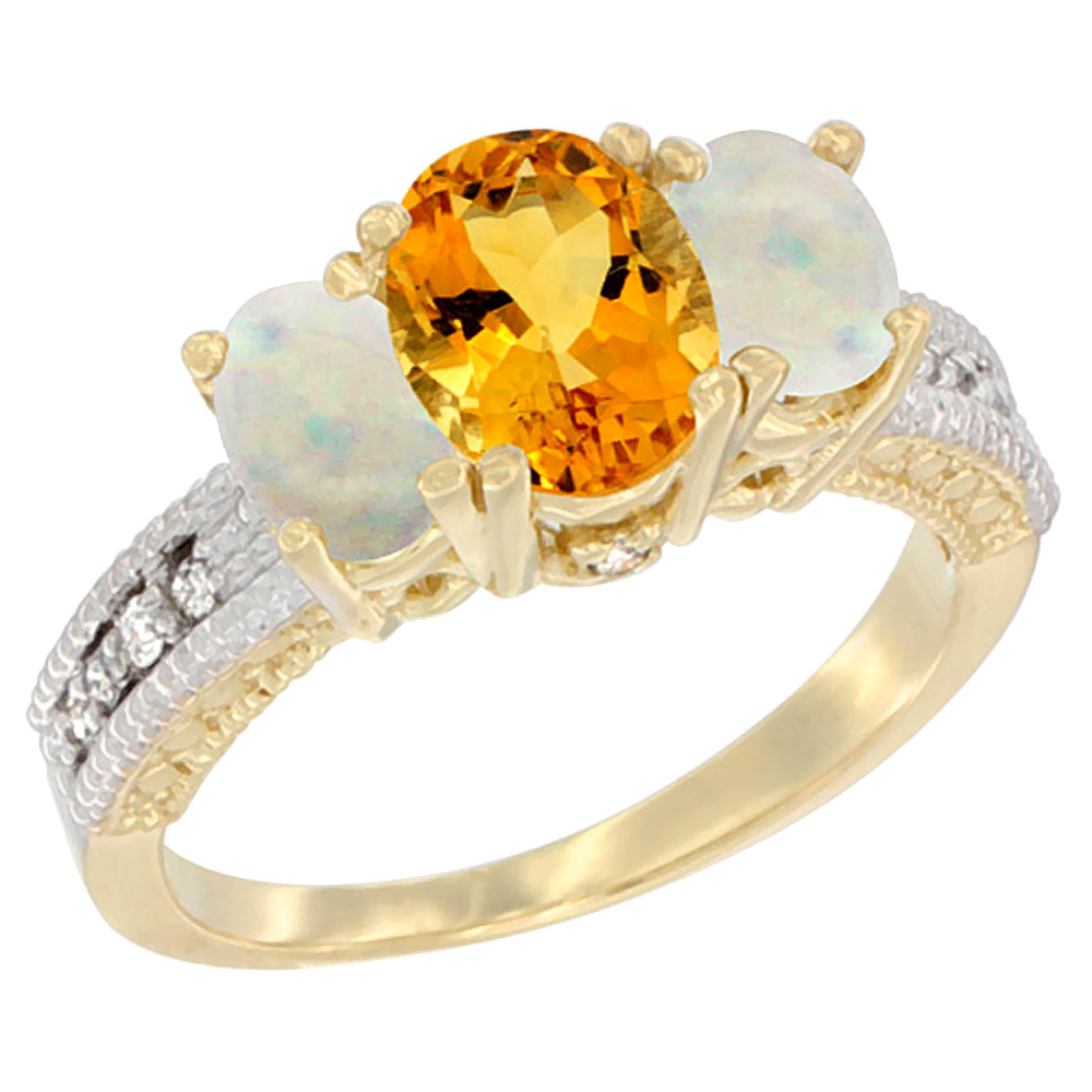 10K Yellow Gold Diamond Natural Citrine Ring Oval 3-stone with Opal, sizes 5 - 10