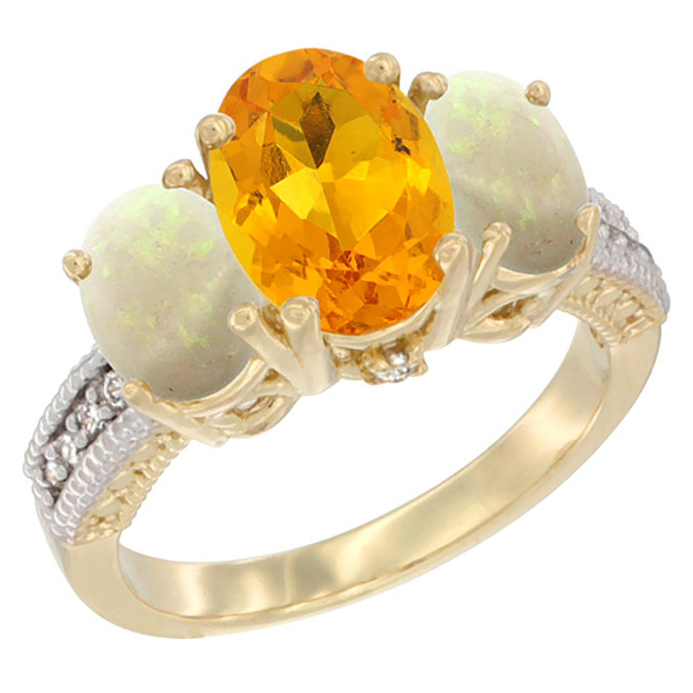 14K Yellow Gold Diamond Natural Citrine Ring 3-Stone Oval 8x6mm with Opal, sizes5-10