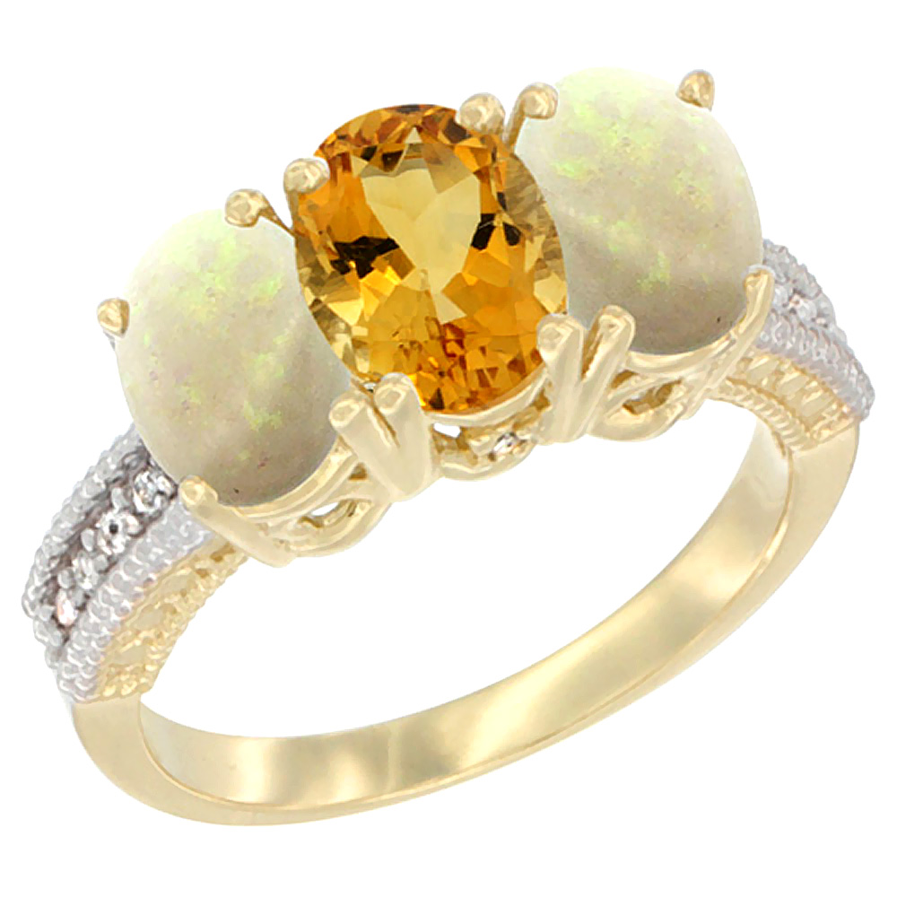 14K Yellow Gold Natural Citrine & Opal Sides Ring 3-Stone 7x5 mm Oval Diamond Accent, sizes 5 - 10