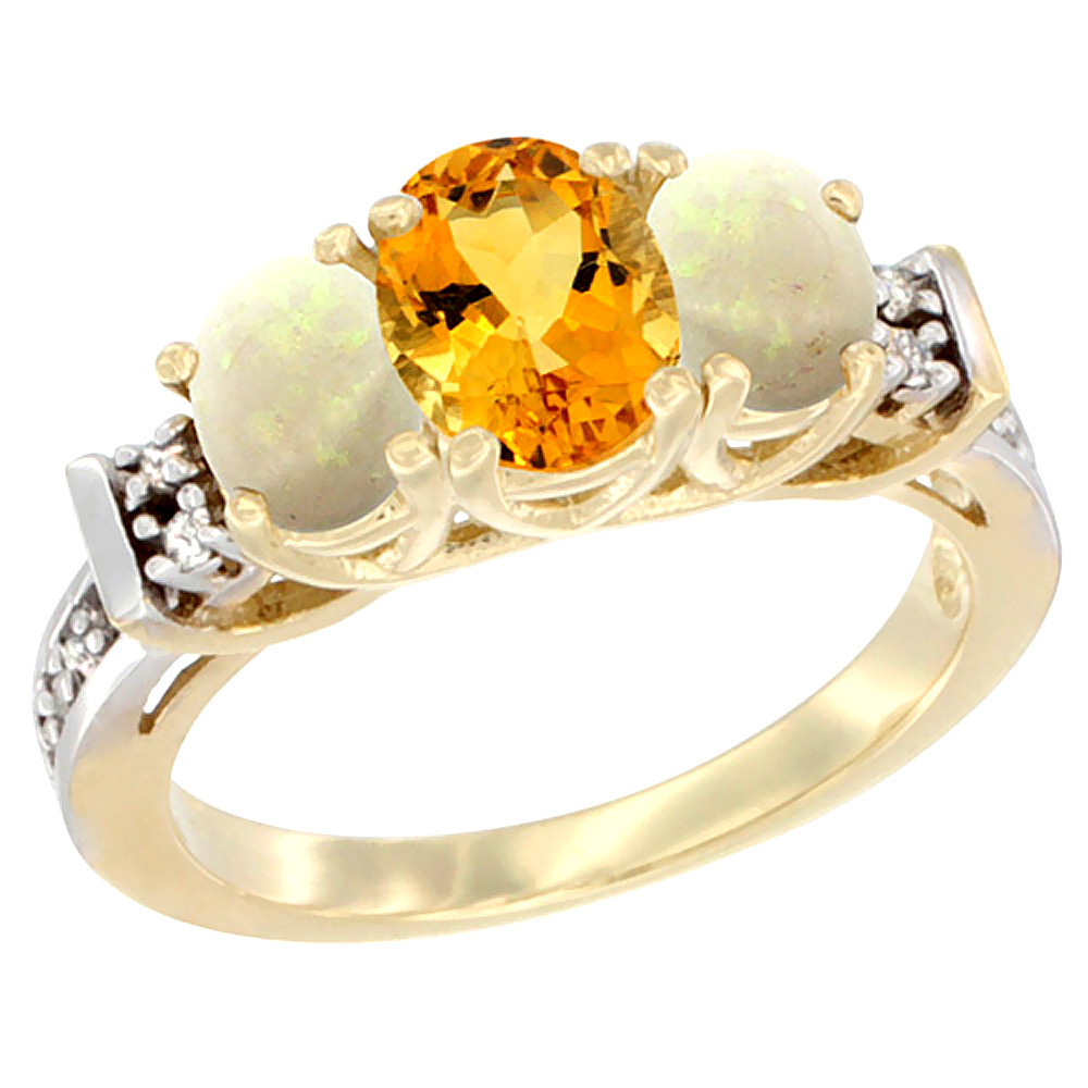 14K Yellow Gold Natural Citrine & Opal Ring 3-Stone Oval Diamond Accent