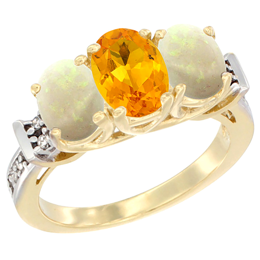 10K Yellow Gold Natural Citrine & Opal Sides Ring 3-Stone Oval Diamond Accent, sizes 5 - 10