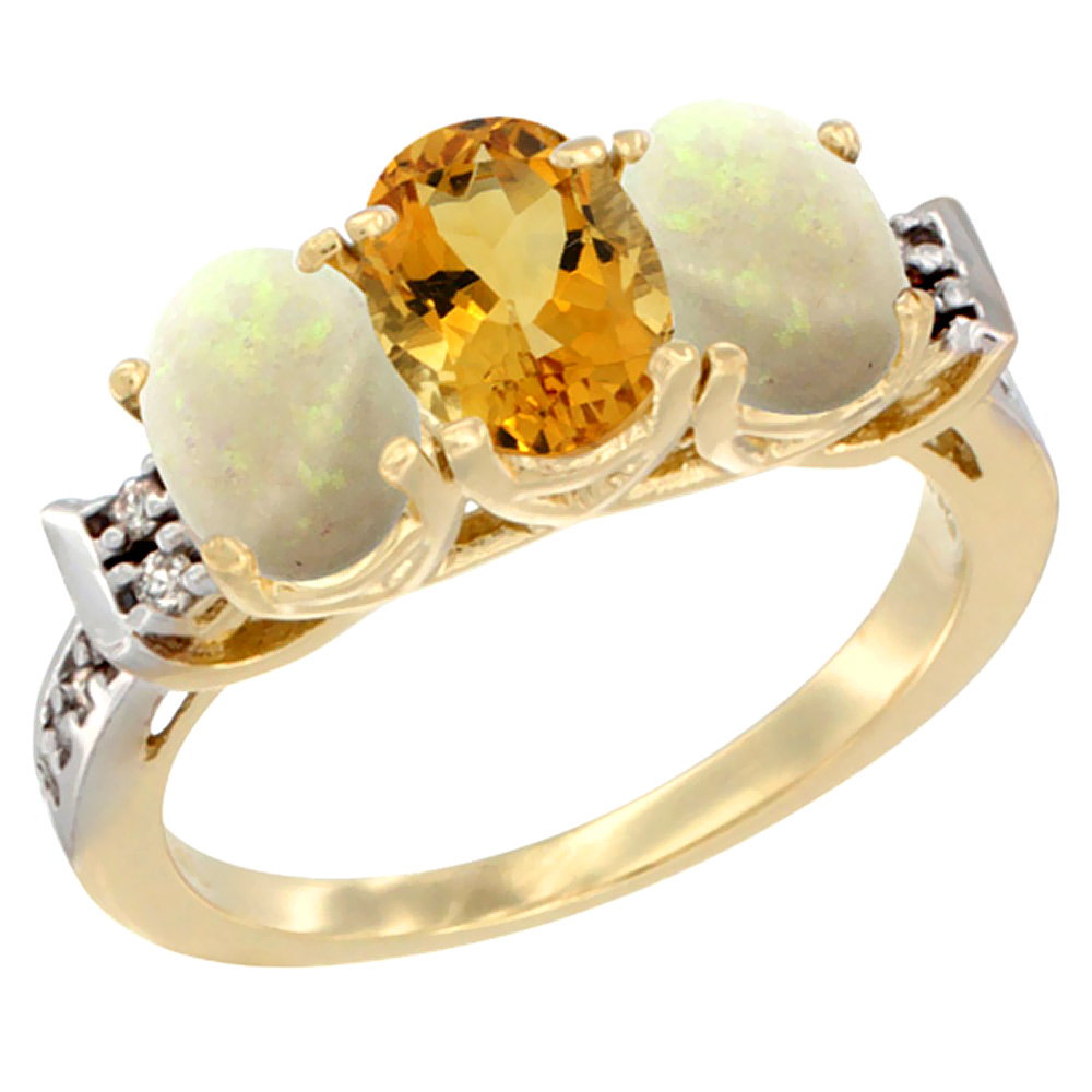14K Yellow Gold Natural Citrine &amp; Opal Sides Ring 3-Stone Oval 7x5 mm Diamond Accent, sizes 5 - 10