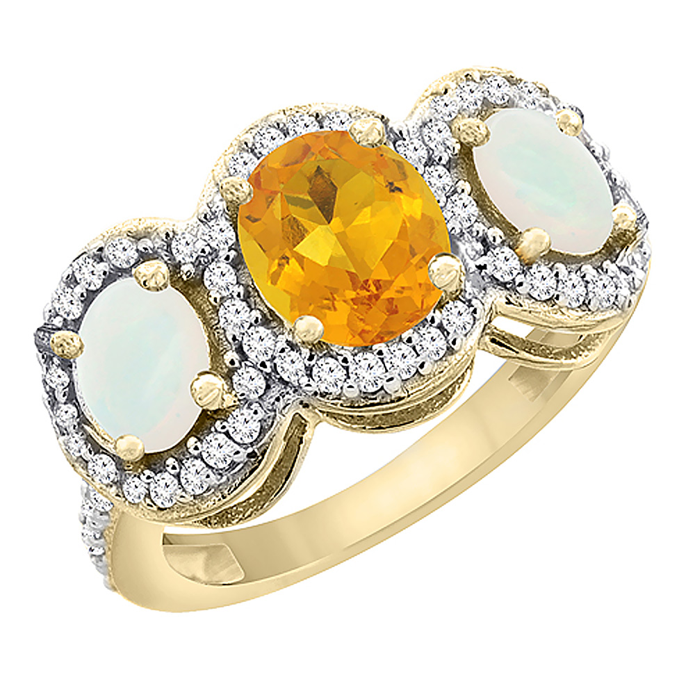 14K Yellow Gold Natural Citrine & Opal 3-Stone Ring Oval Diamond Accent, sizes 5 - 10