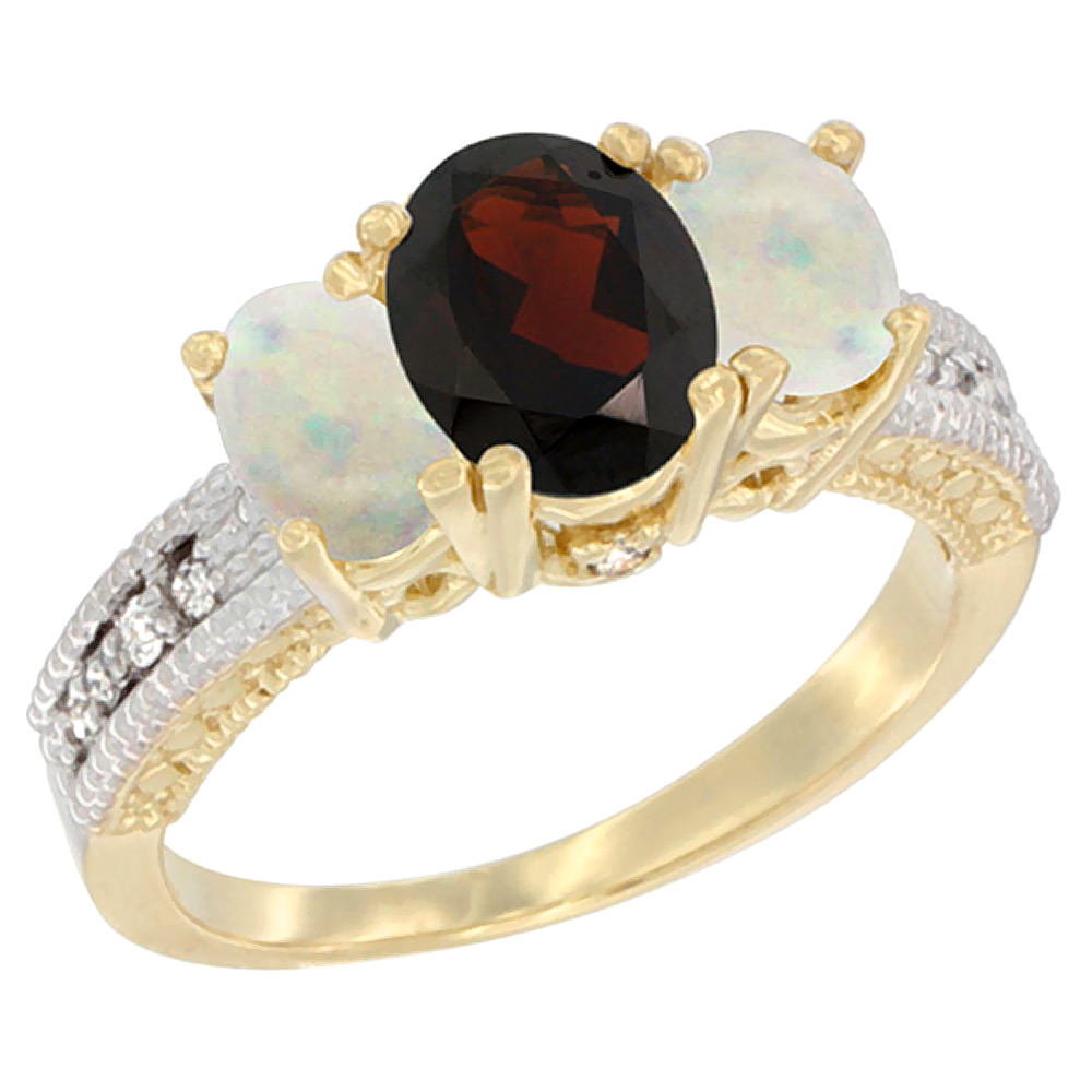 14K Yellow Gold Diamond Natural Garnet Ring Oval 3-stone with Opal, sizes 5 - 10
