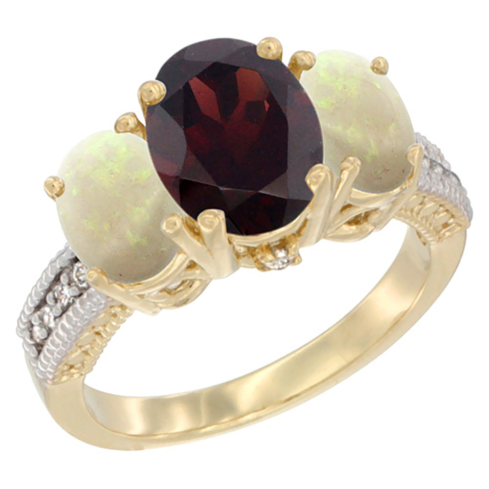 14K Yellow Gold Diamond Natural Garnet Ring 3-Stone Oval 8x6mm with Opal, sizes5-10