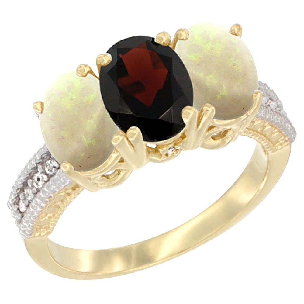 14K Yellow Gold Natural Garnet & Opal Sides Ring 3-Stone 7x5 mm Oval Diamond Accent, sizes 5 - 10