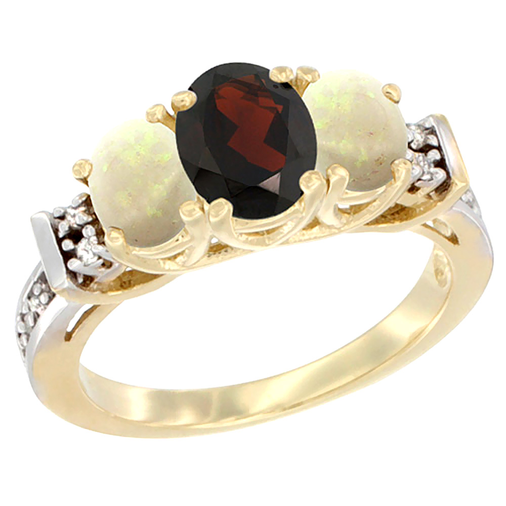 14K Yellow Gold Natural Garnet &amp; Opal Ring 3-Stone Oval Diamond Accent