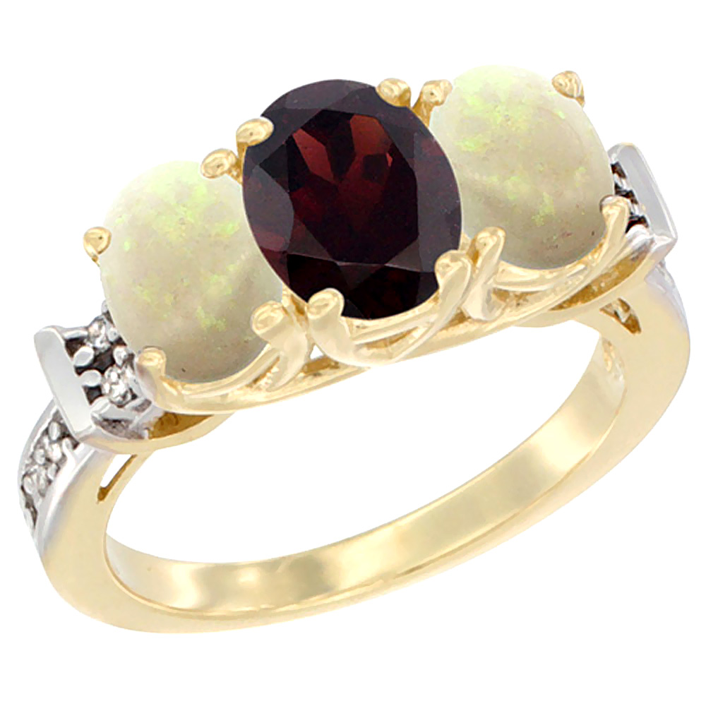 10K Yellow Gold Natural Garnet & Opal Sides Ring 3-Stone Oval Diamond Accent, sizes 5 - 10