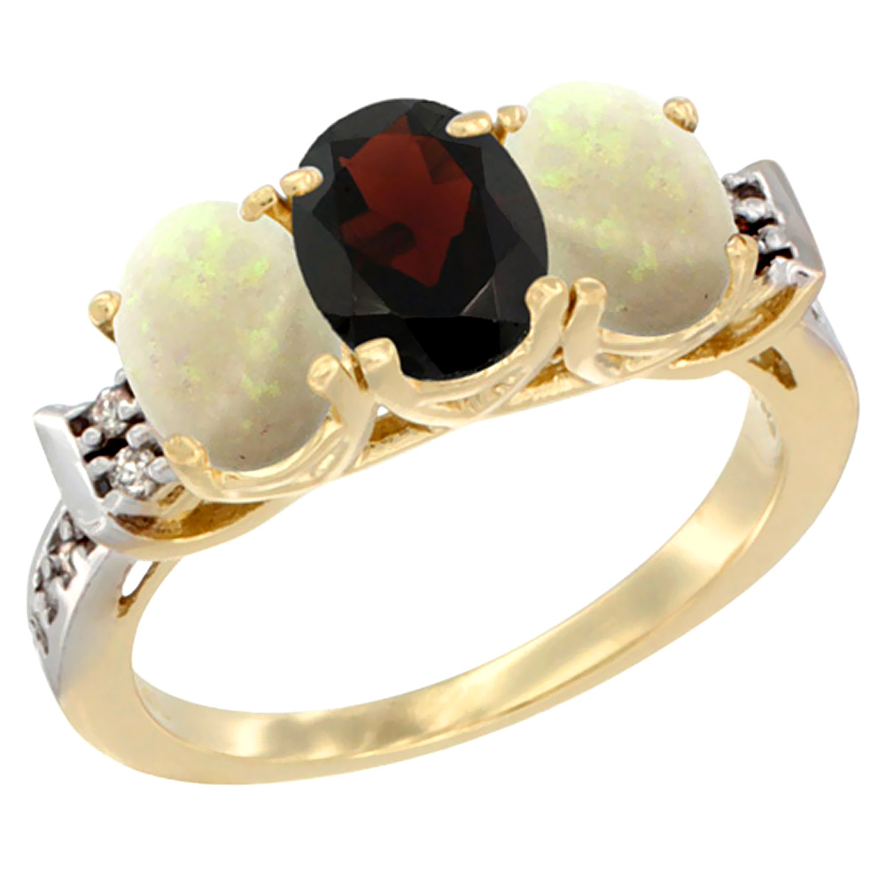 10K Yellow Gold Natural Garnet & Opal Sides Ring 3-Stone Oval 7x5 mm Diamond Accent, sizes 5 - 10