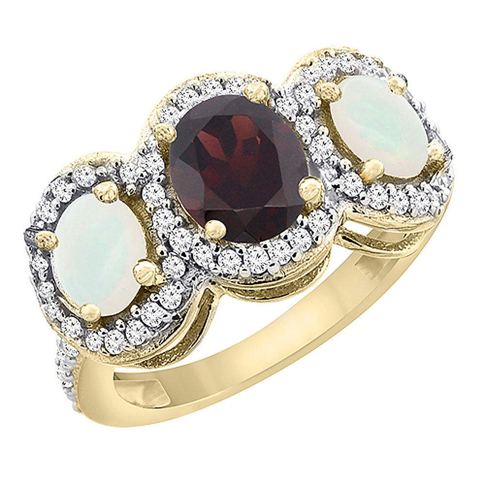 10K Yellow Gold Natural Garnet & Opal 3-Stone Ring Oval Diamond Accent, sizes 5 - 10