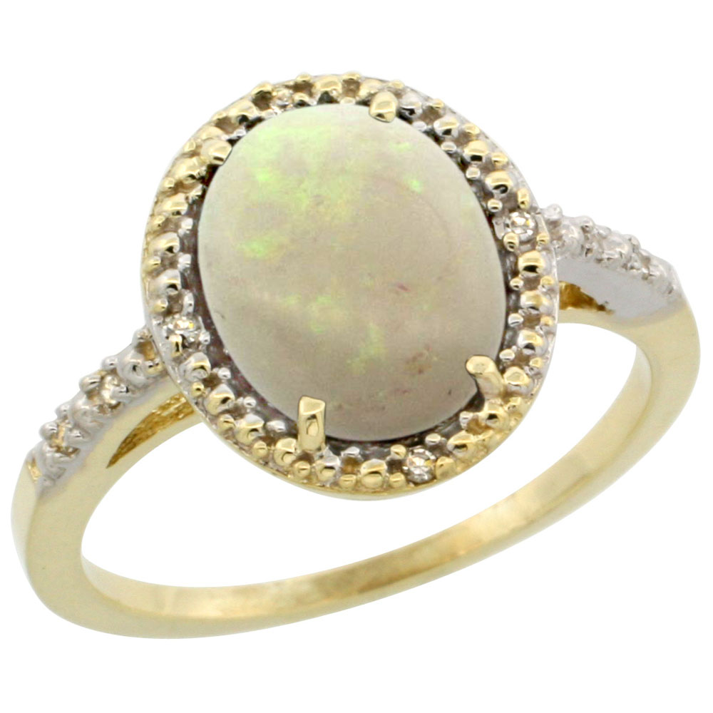 10K Yellow Gold Diamond Natural Opal Engagement Ring Oval 10x8mm, sizes 5-10