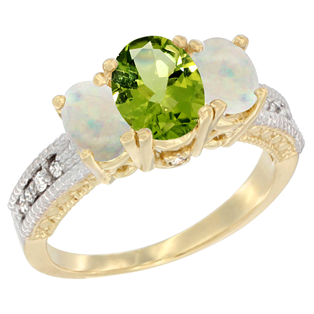 10K Yellow Gold Diamond Natural Peridot Ring Oval 3-stone with Opal, sizes 5 - 10