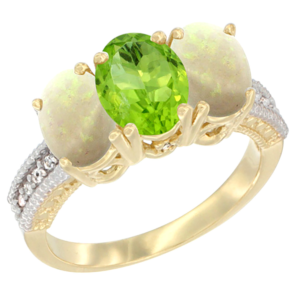14K Yellow Gold Natural Peridot &amp; Opal Sides Ring 3-Stone 7x5 mm Oval Diamond Accent, sizes 5 - 10