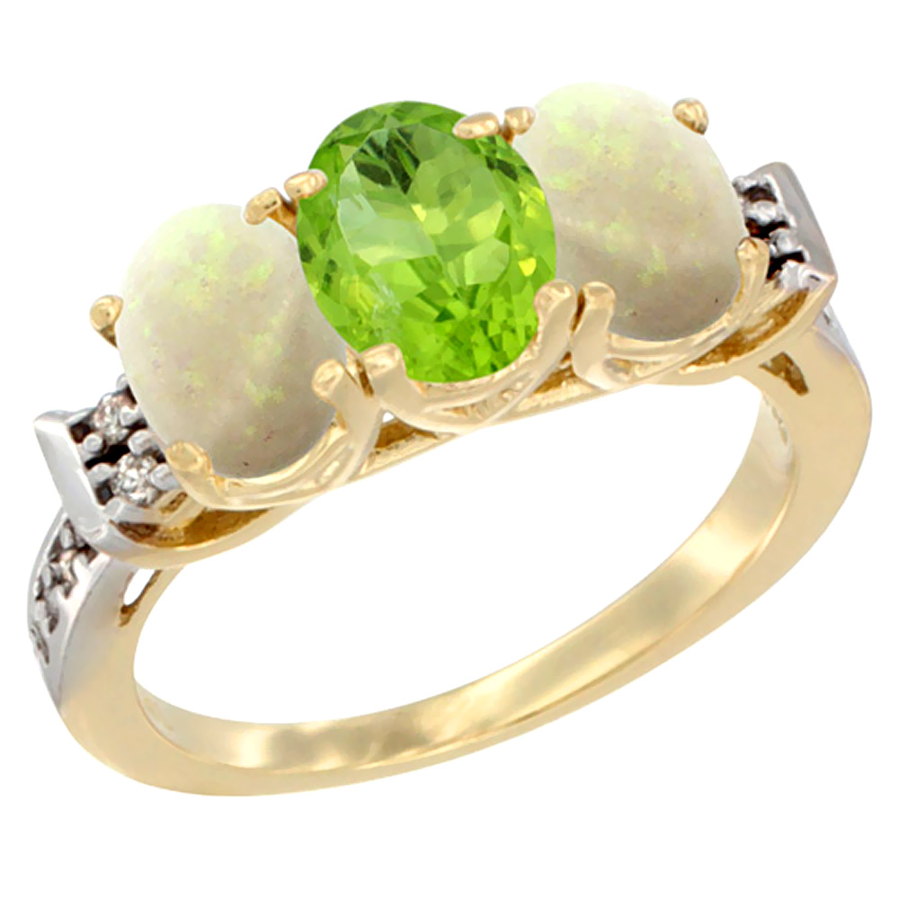 10K Yellow Gold Natural Peridot & Opal Sides Ring 3-Stone Oval 7x5 mm Diamond Accent, sizes 5 - 10