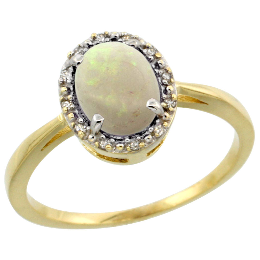 14K Yellow Gold Natural Opal Ring Oval 8x6 mm Diamond Halo, sizes 5-10