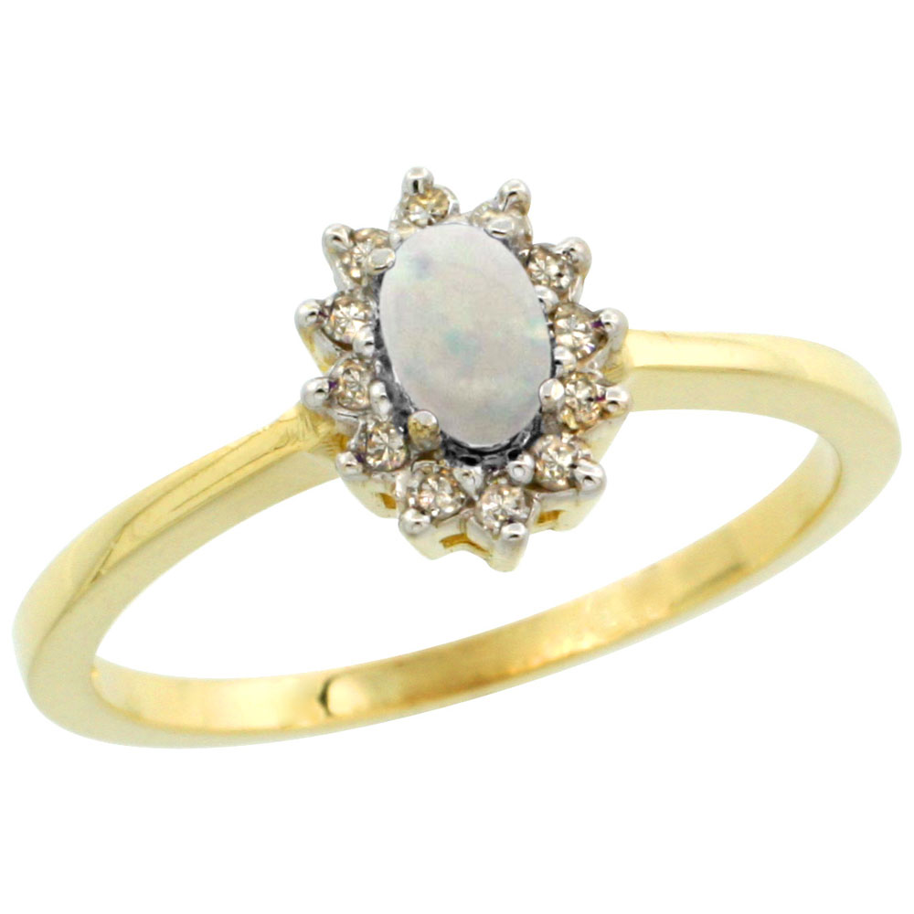 14K Yellow Gold Natural Opal Ring Oval 5x3mm Diamond Halo, sizes 5-10