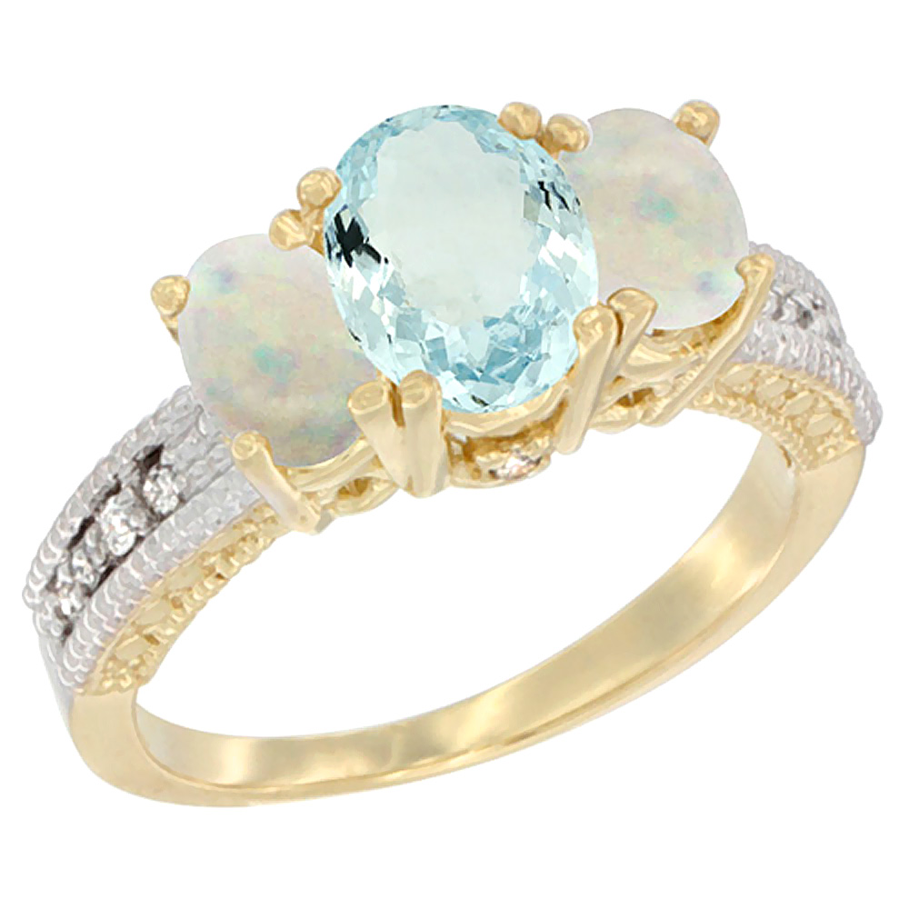 10K Yellow Gold Diamond Natural Aquamarine Ring Oval 3-stone with Opal, sizes 5 - 10
