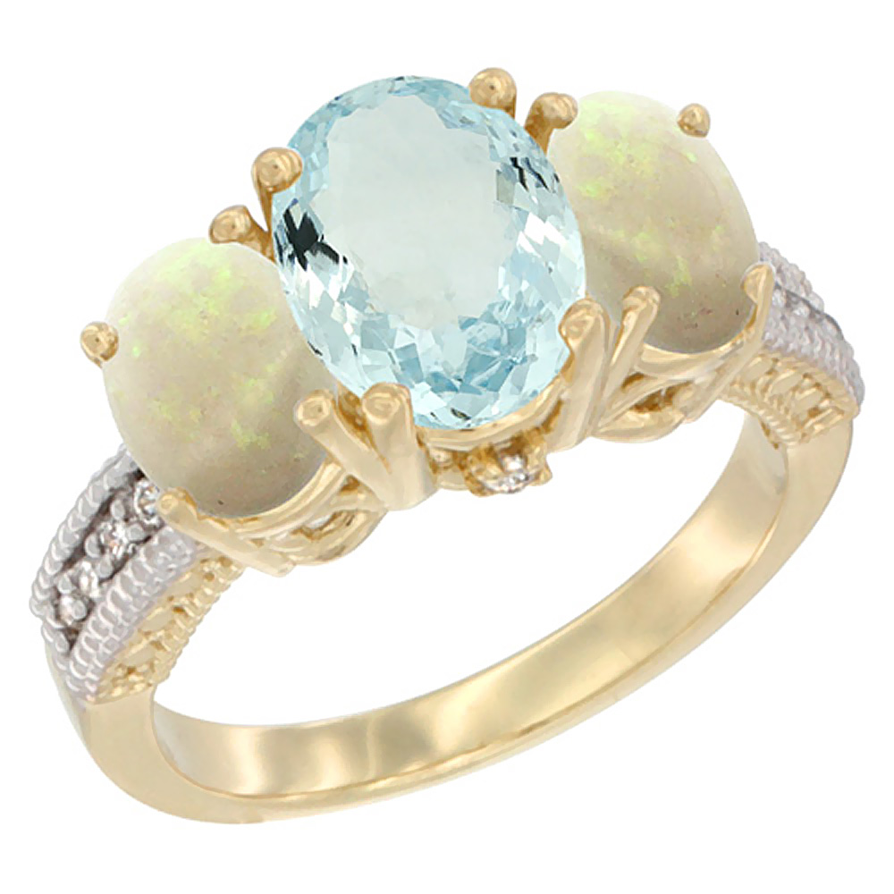 14K Yellow Gold Diamond Natural Aquamarine Ring 3-Stone Oval 8x6mm with Opal, sizes5-10