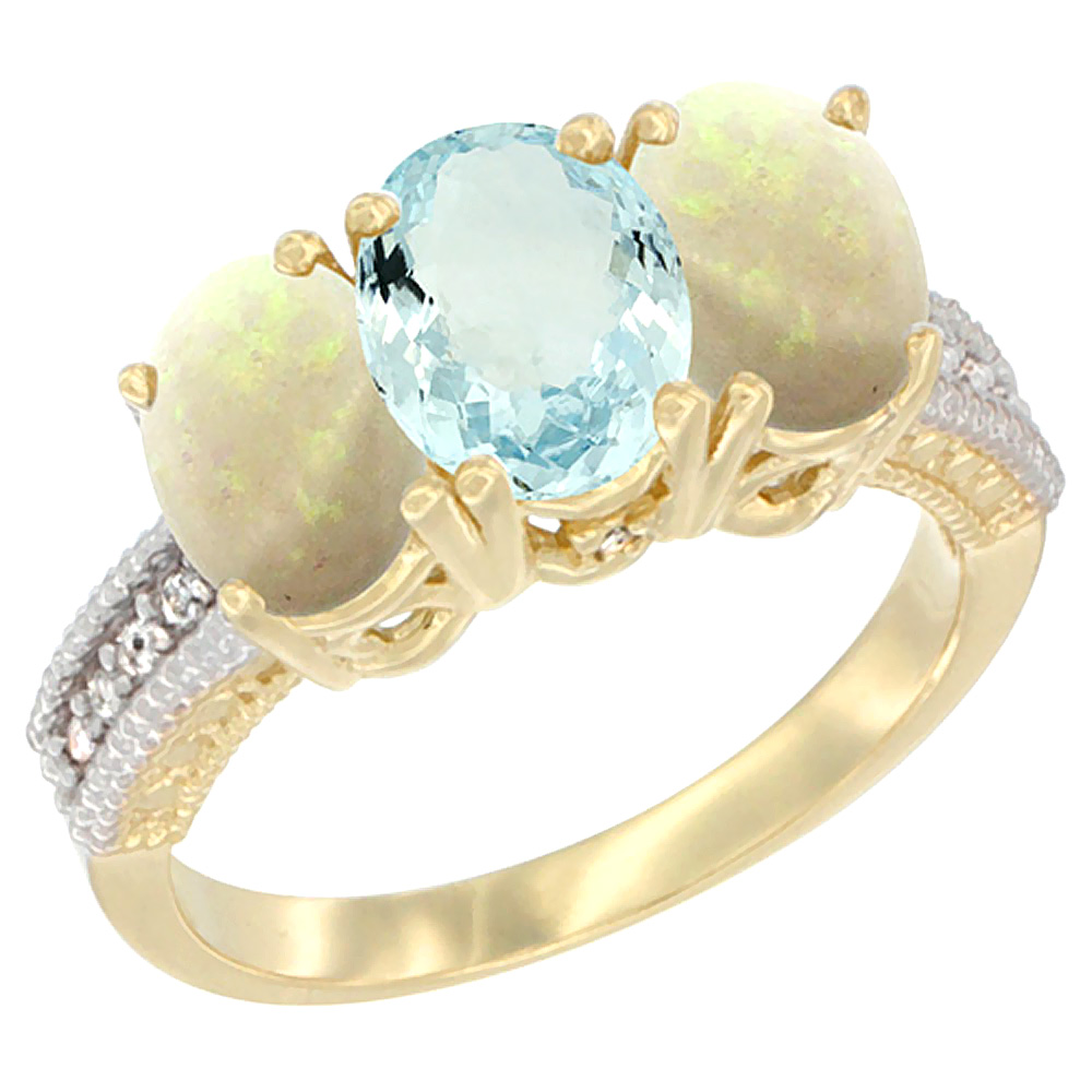 14K Yellow Gold Natural Aquamarine & Opal Sides Ring 3-Stone 7x5 mm Oval Diamond Accent, sizes 5 - 10