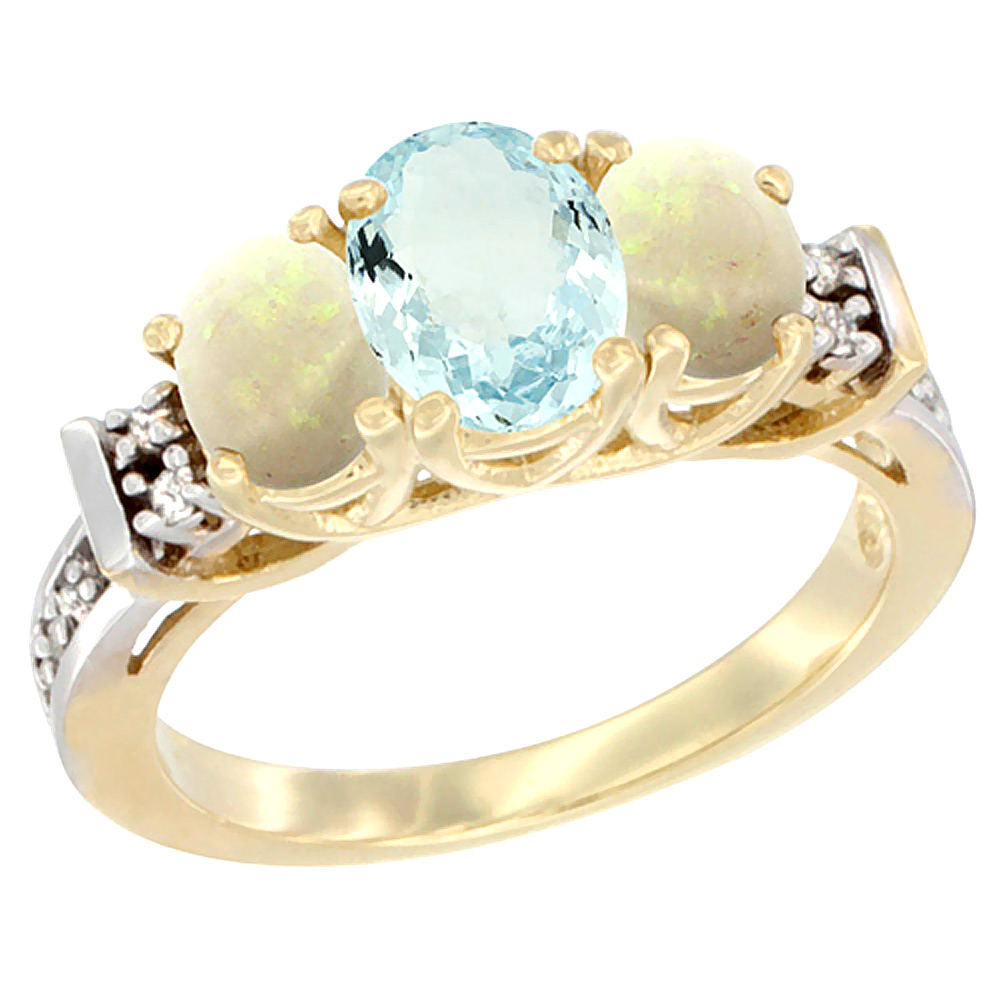 14K Yellow Gold Natural Aquamarine &amp; Opal Ring 3-Stone Oval Diamond Accent