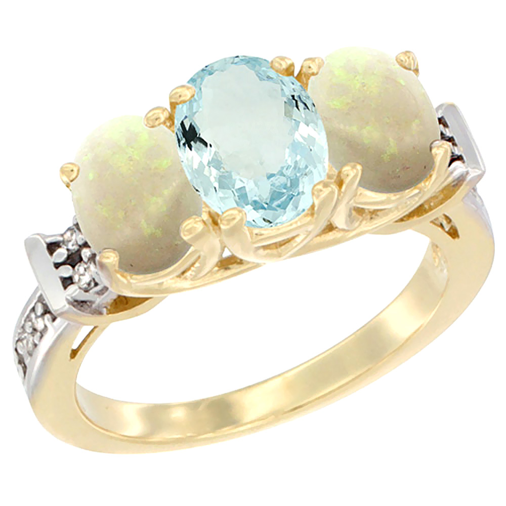 10K Yellow Gold Natural Aquamarine & Opal Sides Ring 3-Stone Oval Diamond Accent, sizes 5 - 10