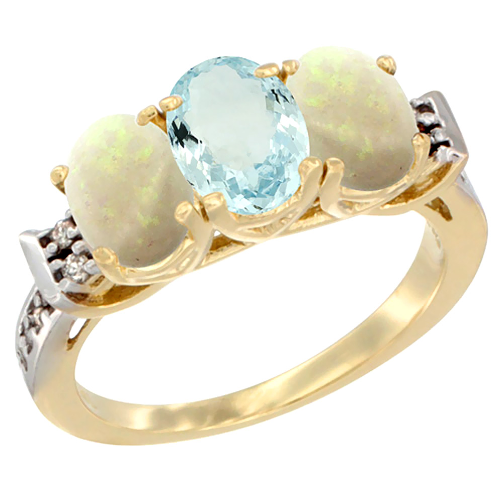 10K Yellow Gold Natural Aquamarine &amp; Opal Sides Ring 3-Stone Oval 7x5 mm Diamond Accent, sizes 5 - 10