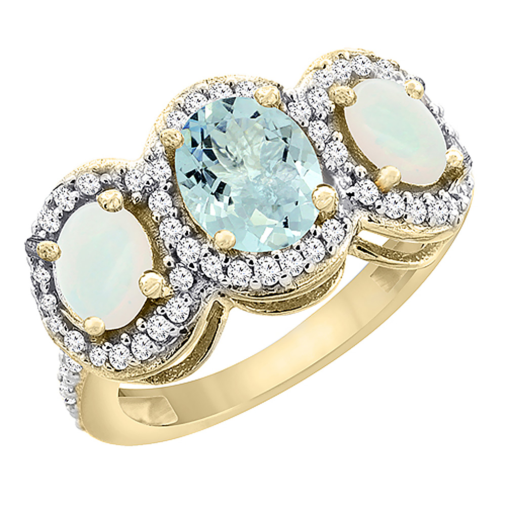 14K Yellow Gold Natural Aquamarine &amp; Opal 3-Stone Ring Oval Diamond Accent, sizes 5 - 10