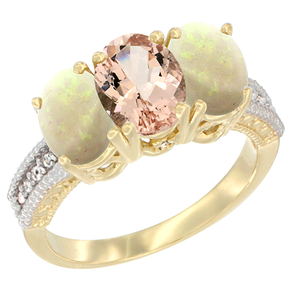 14K Yellow Gold Natural Morganite &amp; Opal Sides Ring 3-Stone 7x5 mm Oval Diamond Accent, sizes 5 - 10