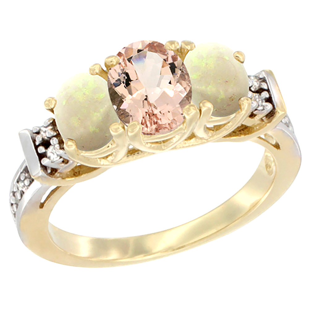 14K Yellow Gold Natural Morganite &amp; Opal Ring 3-Stone Oval Diamond Accent