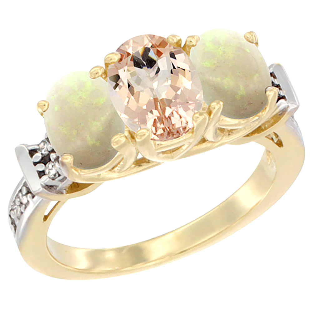 10K Yellow Gold Natural Morganite & Opal Sides Ring 3-Stone Oval Diamond Accent, sizes 5 - 10