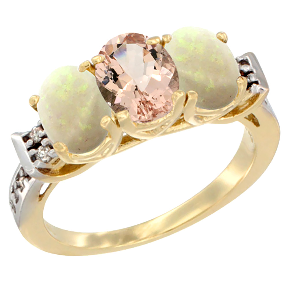 14K Yellow Gold Natural Morganite &amp; Opal Sides Ring 3-Stone Oval 7x5 mm Diamond Accent, sizes 5 - 10