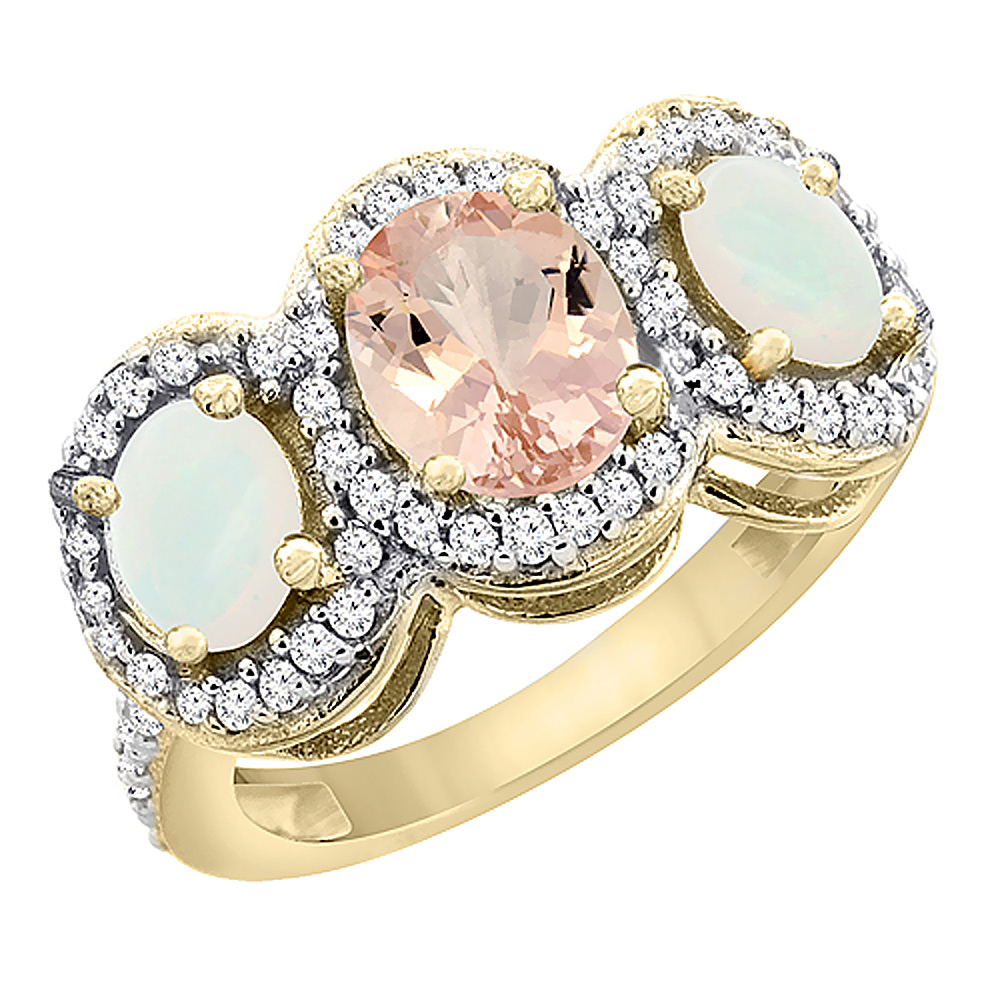 10K Yellow Gold Natural Morganite & Opal 3-Stone Ring Oval Diamond Accent, sizes 5 - 10