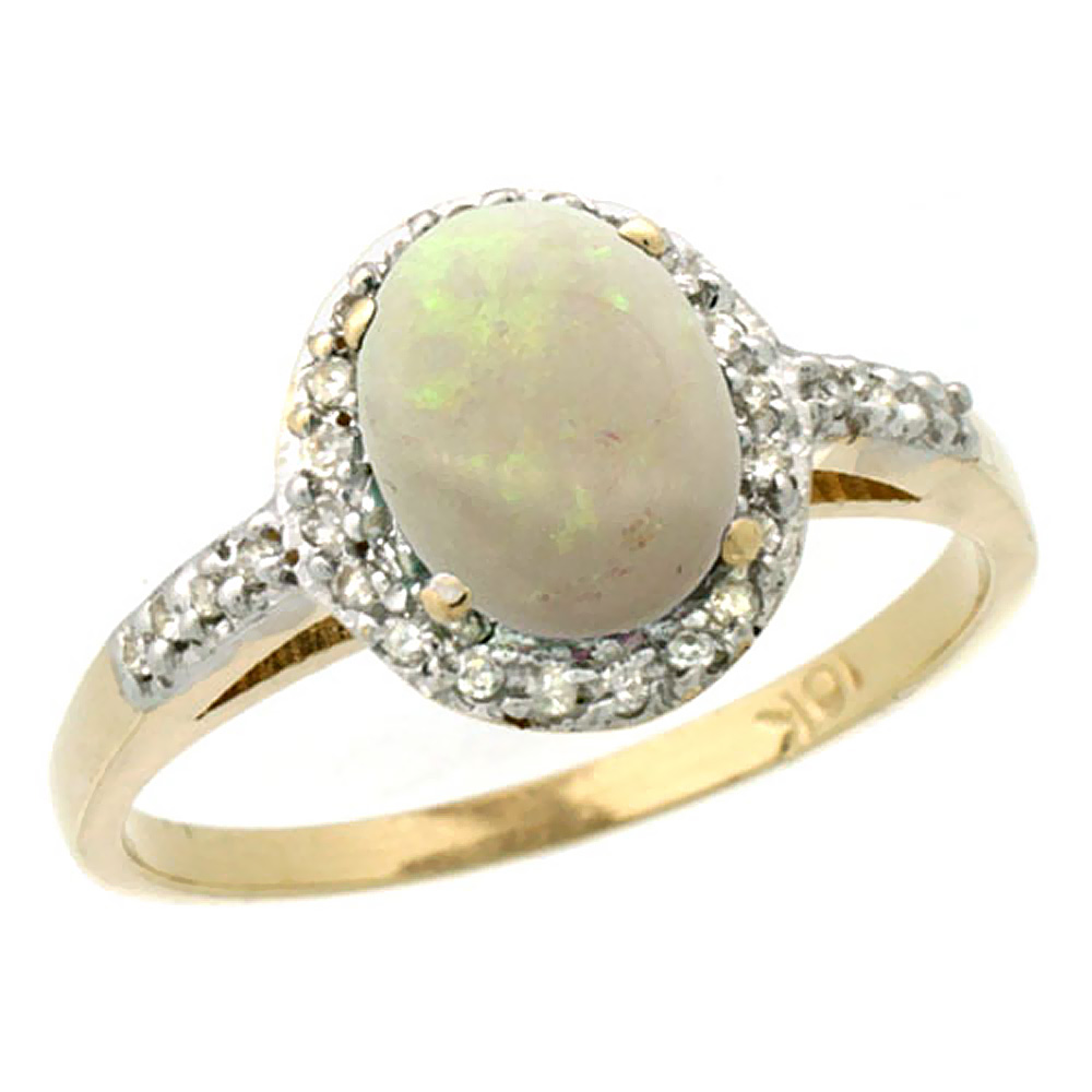 14K Yellow Gold Diamond Natural Opal Ring Oval 8x6mm, sizes 5-10