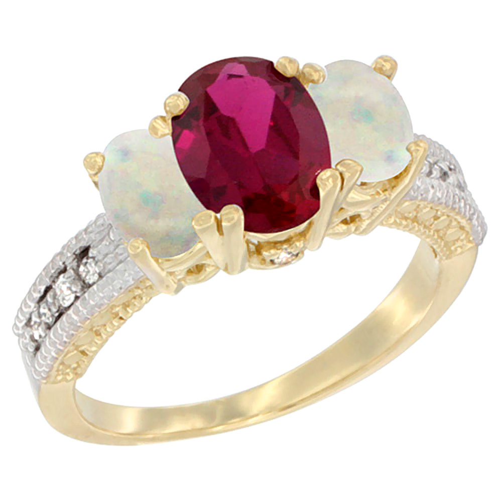 14K Yellow Gold Diamond Enhanced Ruby Ring Oval 3-stone with Opal, sizes 5 - 10
