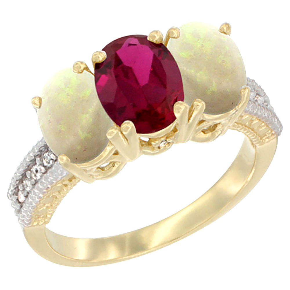 14K Yellow Gold Enhanced Ruby & Natural Opal Sides Ring 3-Stone 7x5 mm Oval Diamond Accent, sizes 5 - 10