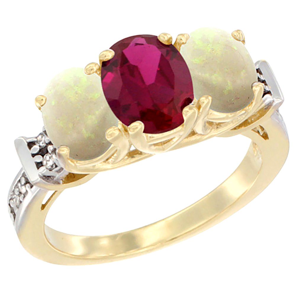 14K Yellow Gold Enhanced Ruby & Opal Sides Ring 3-Stone Oval Diamond Accent, sizes 5 - 10