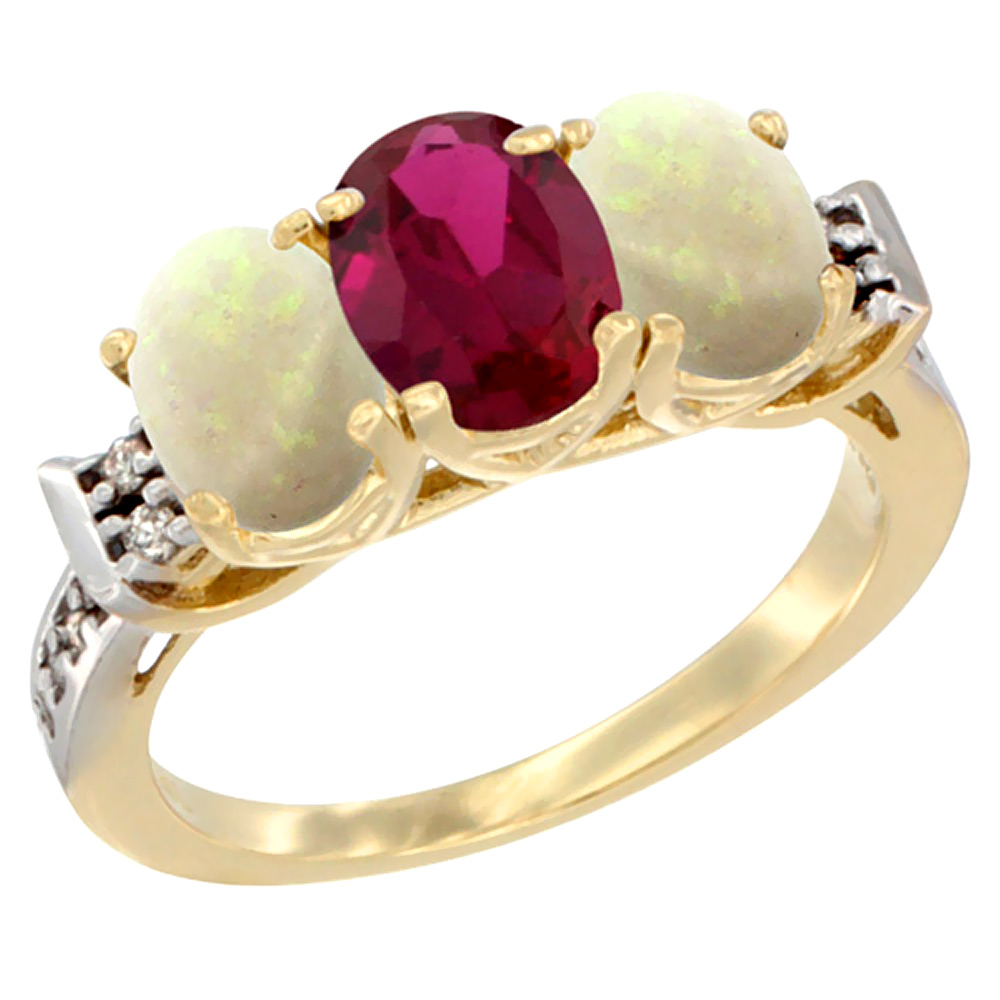 14K Yellow Gold Enhanced Ruby &amp; Natural Opal Sides Ring 3-Stone Oval 7x5 mm Diamond Accent, sizes 5 - 10