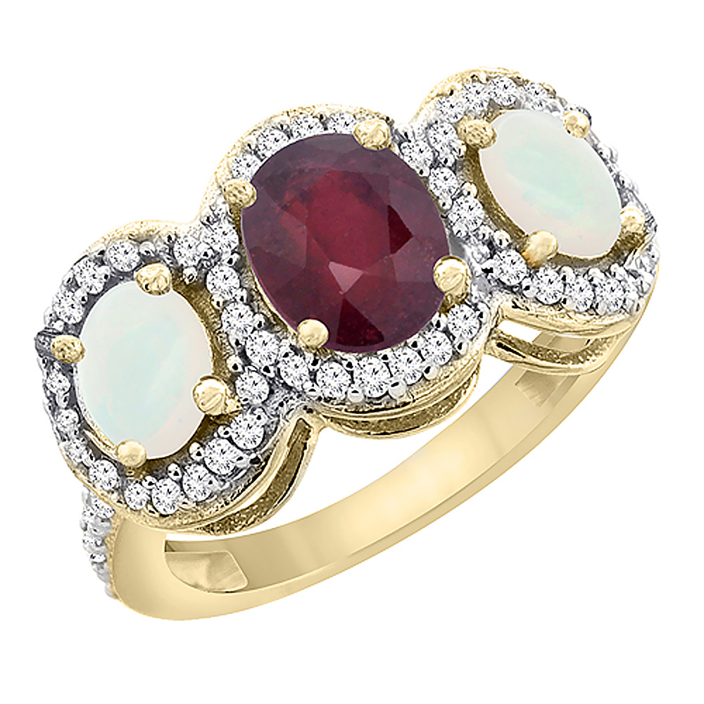 14K Yellow Gold Enhanced Ruby &amp; Opal 3-Stone Ring Oval Diamond Accent, sizes 5 - 10