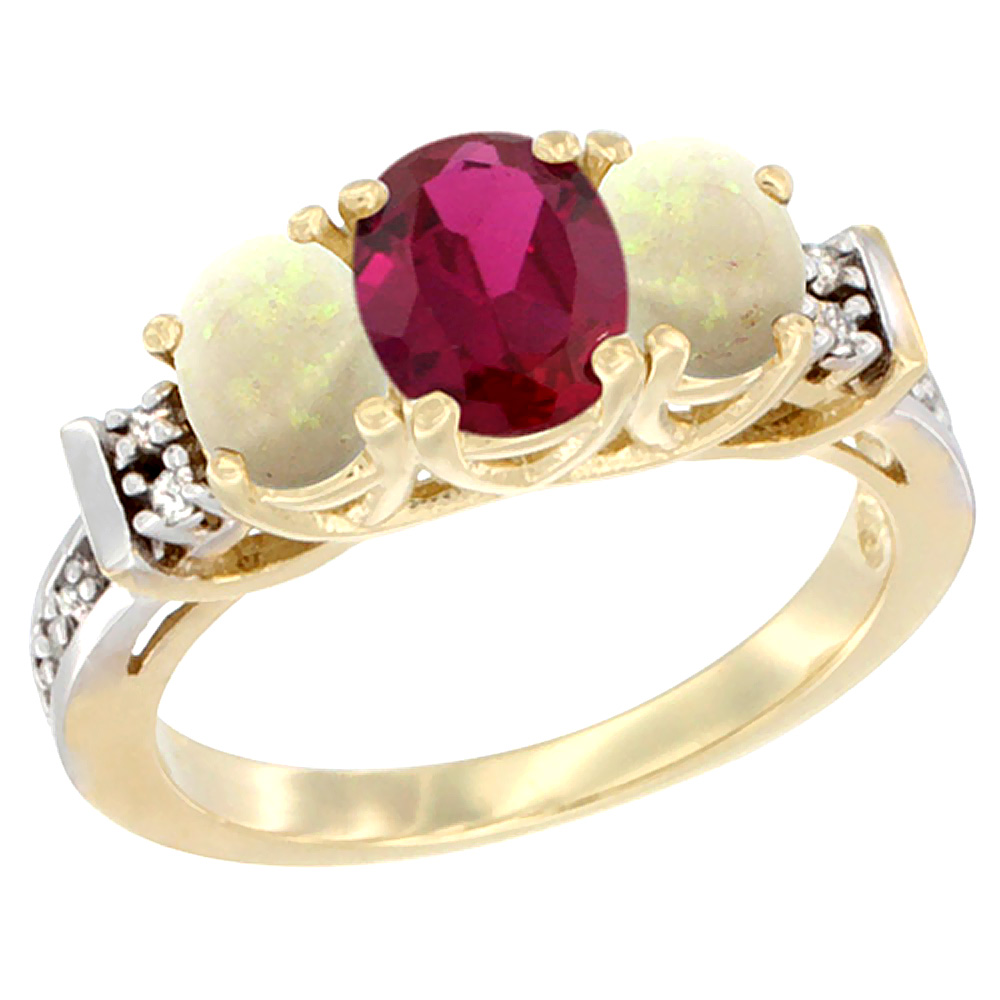 10K Yellow Gold Natural High Quality Ruby & Opal Ring 3-Stone Oval Diamond Accent