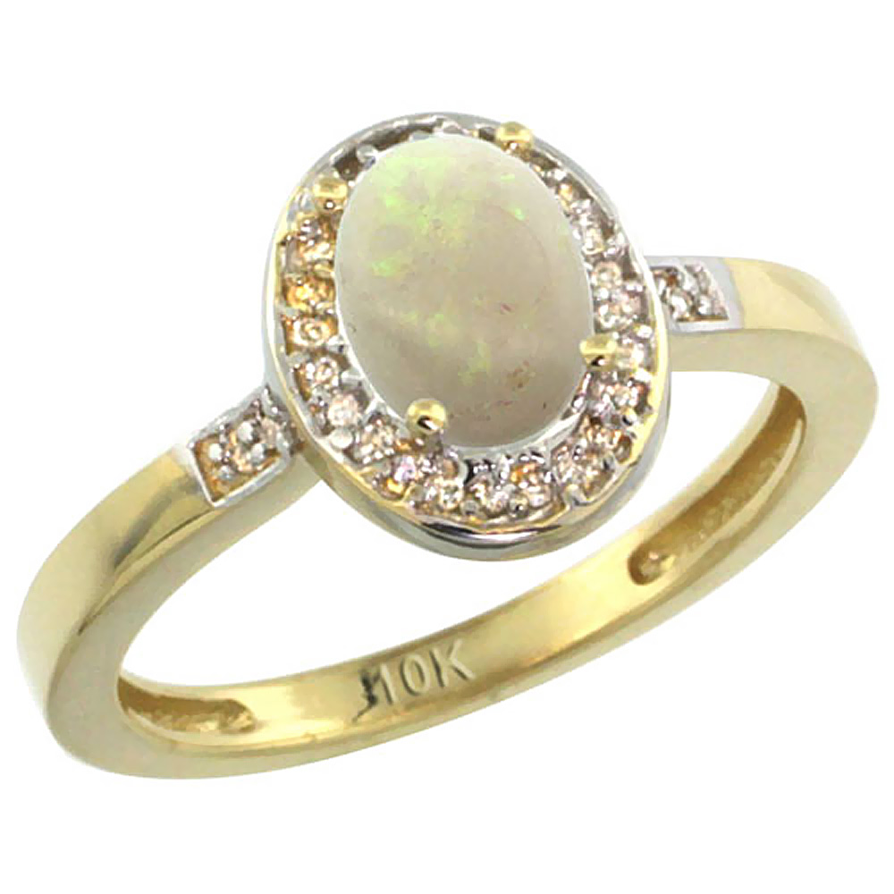 14K Yellow Gold Diamond Natural Opal Engagement Ring Oval 7x5mm, sizes 5-10