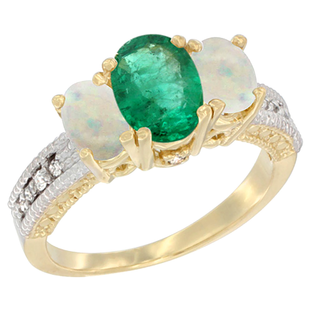 14K Yellow Gold Diamond Natural Emerald Ring Oval 3-stone with Opal, sizes 5 - 10