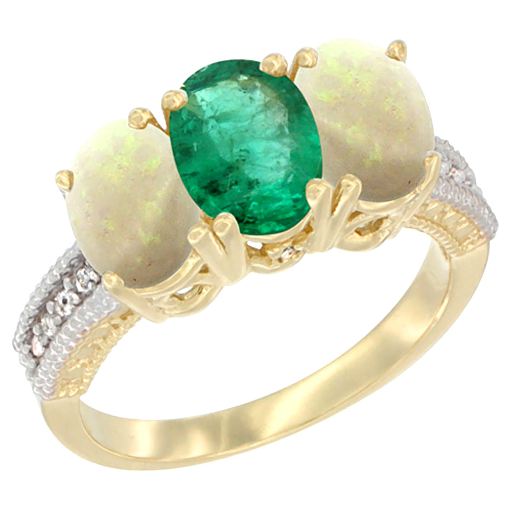 14K Yellow Gold Natural Emerald &amp; Opal Sides Ring 3-Stone 7x5 mm Oval Diamond Accent, sizes 5 - 10