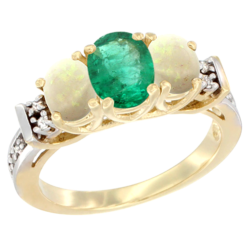 14K Yellow Gold Natural Emerald &amp; Opal Ring 3-Stone Oval Diamond Accent