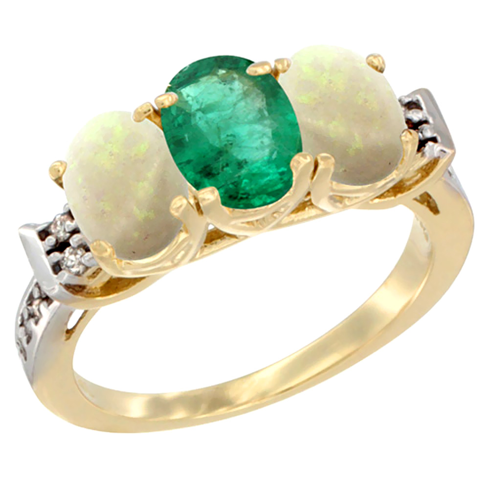 14K Yellow Gold Natural Emerald &amp; Opal Sides Ring 3-Stone Oval 7x5 mm Diamond Accent, sizes 5 - 10