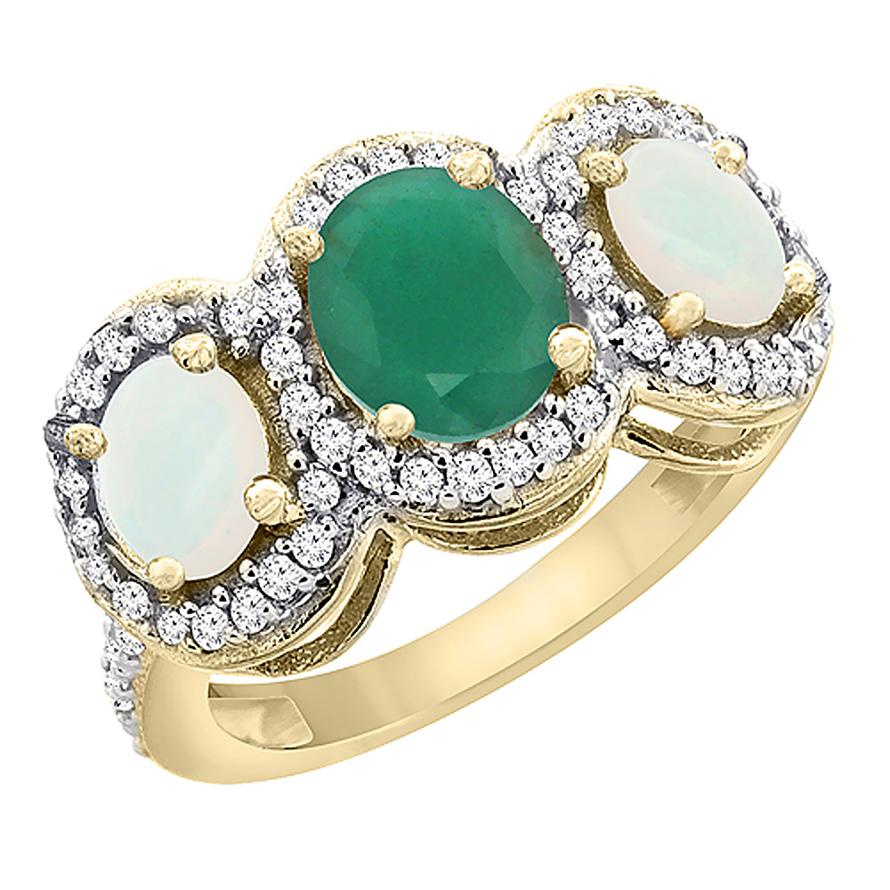 14K Yellow Gold Natural Cabochon Emerald &amp; Opal 3-Stone Ring Oval Diamond Accent, sizes 5 - 10