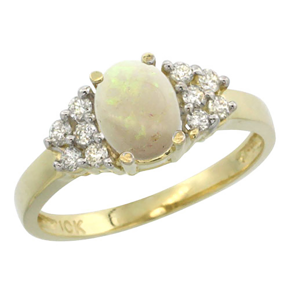 10K Yellow Gold Natural Opal Ring Oval 8x6mm Diamond Accent, sizes 5-10