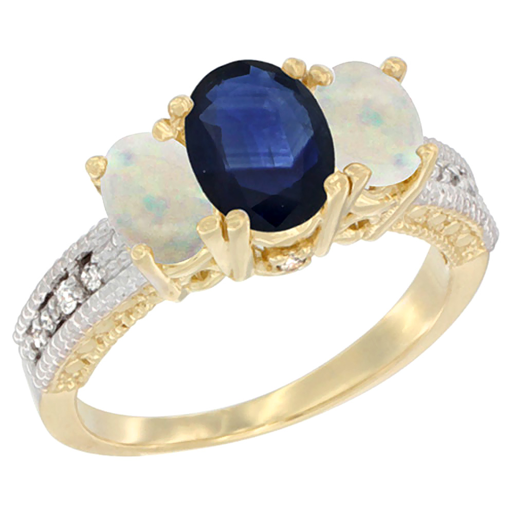 10K Yellow Gold Diamond Natural Blue Sapphire Ring Oval 3-stone with Opal, sizes 5 - 10