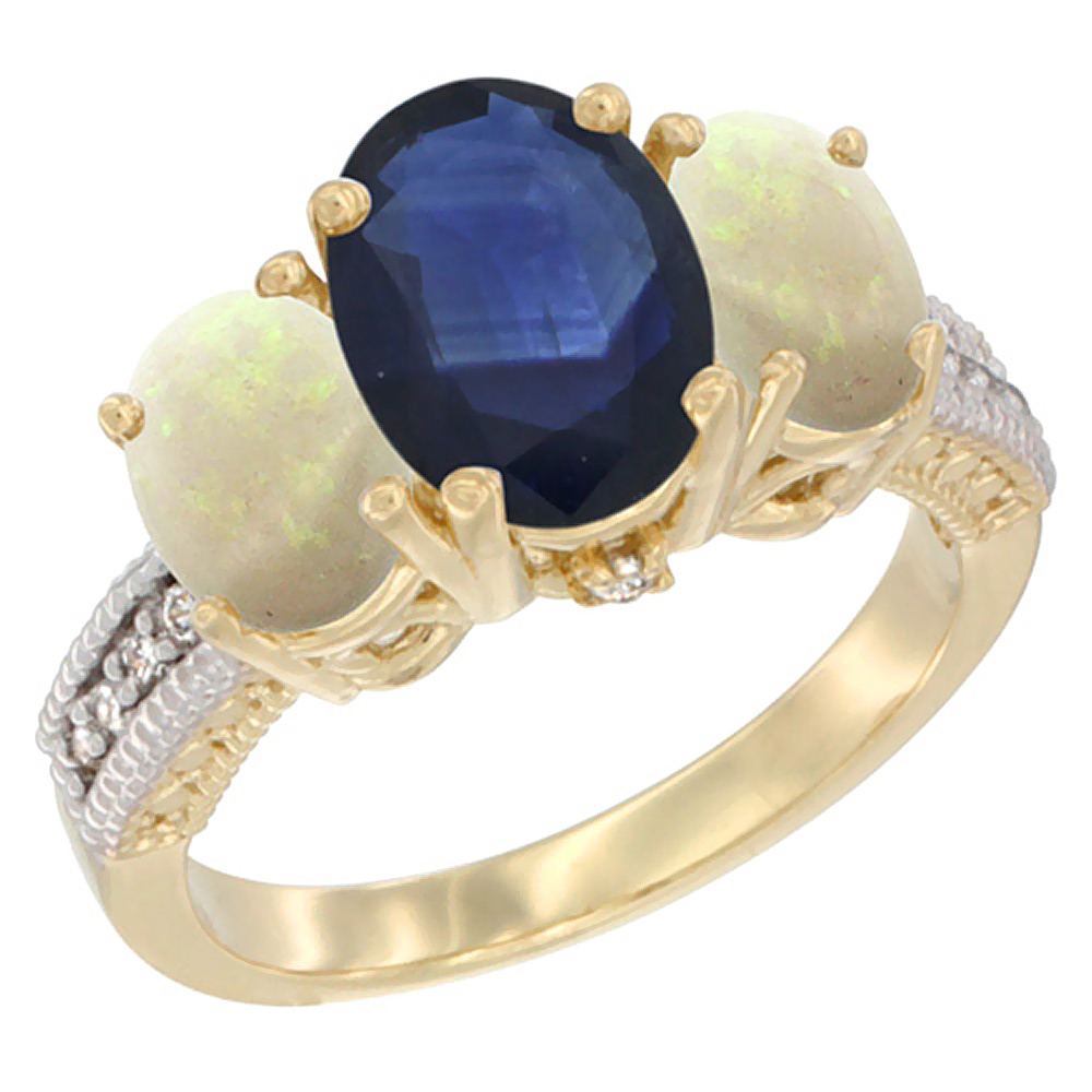 10K Yellow Gold Diamond Natural Quality Blue Sapphire 3-stone Mothers Ring Oval 8x6mm with Opal, size5-10