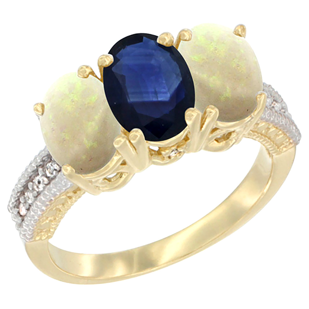 14K Yellow Gold Natural Blue Sapphire &amp; Opal Sides Ring 3-Stone 7x5 mm Oval Diamond Accent, sizes 5 - 10