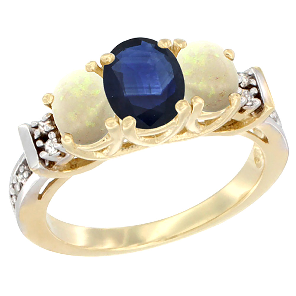 14K Yellow Gold Natural Blue Sapphire & Opal Ring 3-Stone Oval Diamond Accent